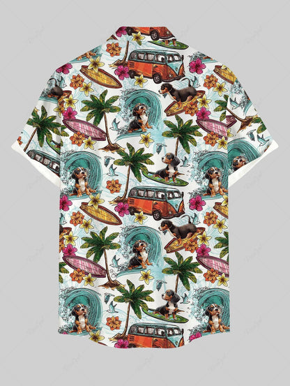 Plus Size Sea Waves Coconut Tree Flowers Dog Bus Printed Buttons Pocket Hawaii Shirt For Men