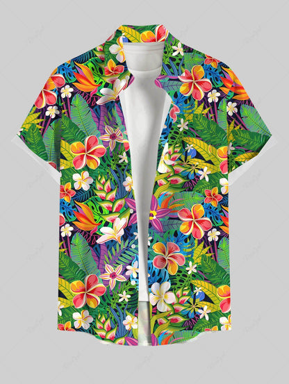 Plus Size Tropical Leaf Hibiscus Flower Printed Buttons Pocket Hawaii Women Shirt