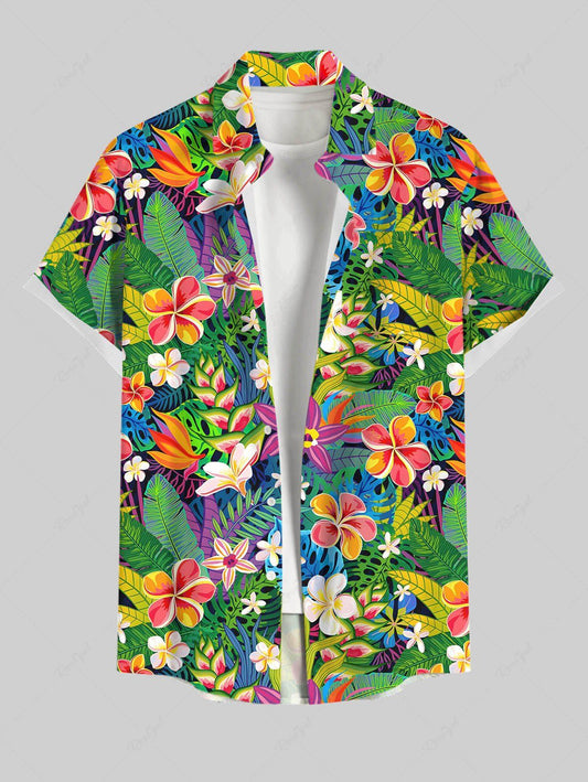 Plus Size Tropical Leaf Hibiscus Flower Printed Buttons Pocket Hawaii Women Shirt