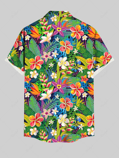 Plus Size Tropical Leaf Hibiscus Flower Printed Buttons Pocket Hawaii Women Shirt