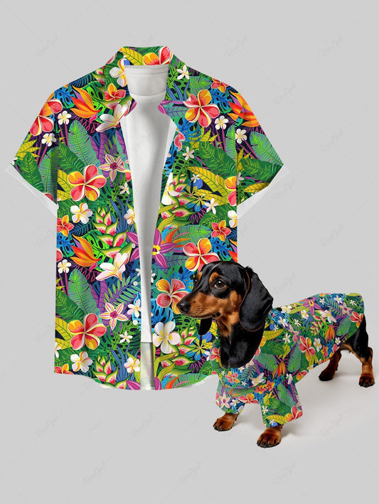 Tropical Leaf Hibiscus Flower Print Hawaii Shirt Dog And Owner Matching Outfits
