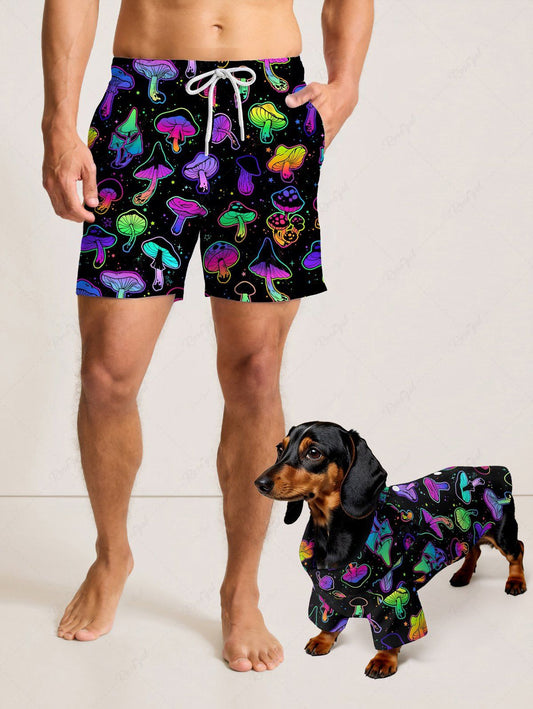 Galaxy Colorful Mushroom Print Hawaii Shirt and Beach Shorts For Men Dog and Owner Matching Outfits