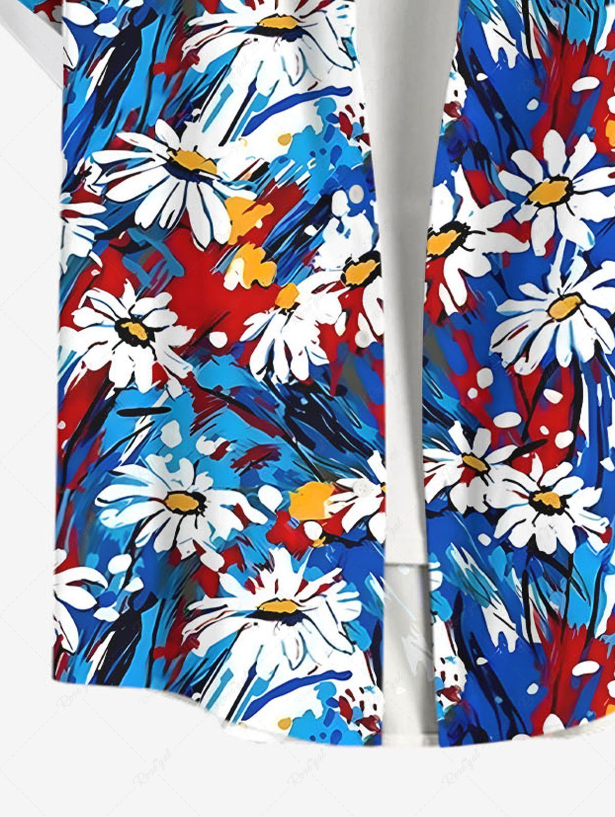 Plus Size Oil Painting Daisy Flowers Printed Buttons Pocket Hawaii Shirt For Men