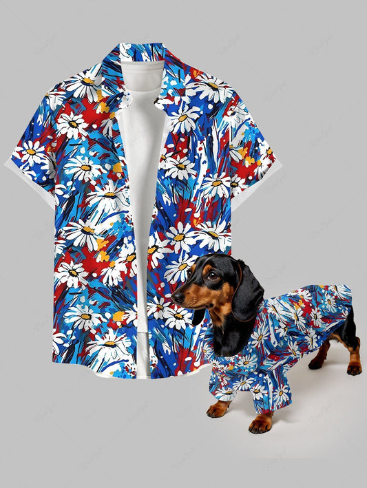 Oil Painting Daisy Flowers Print Hawaii Shirts Dog and Owner Matching Outfits