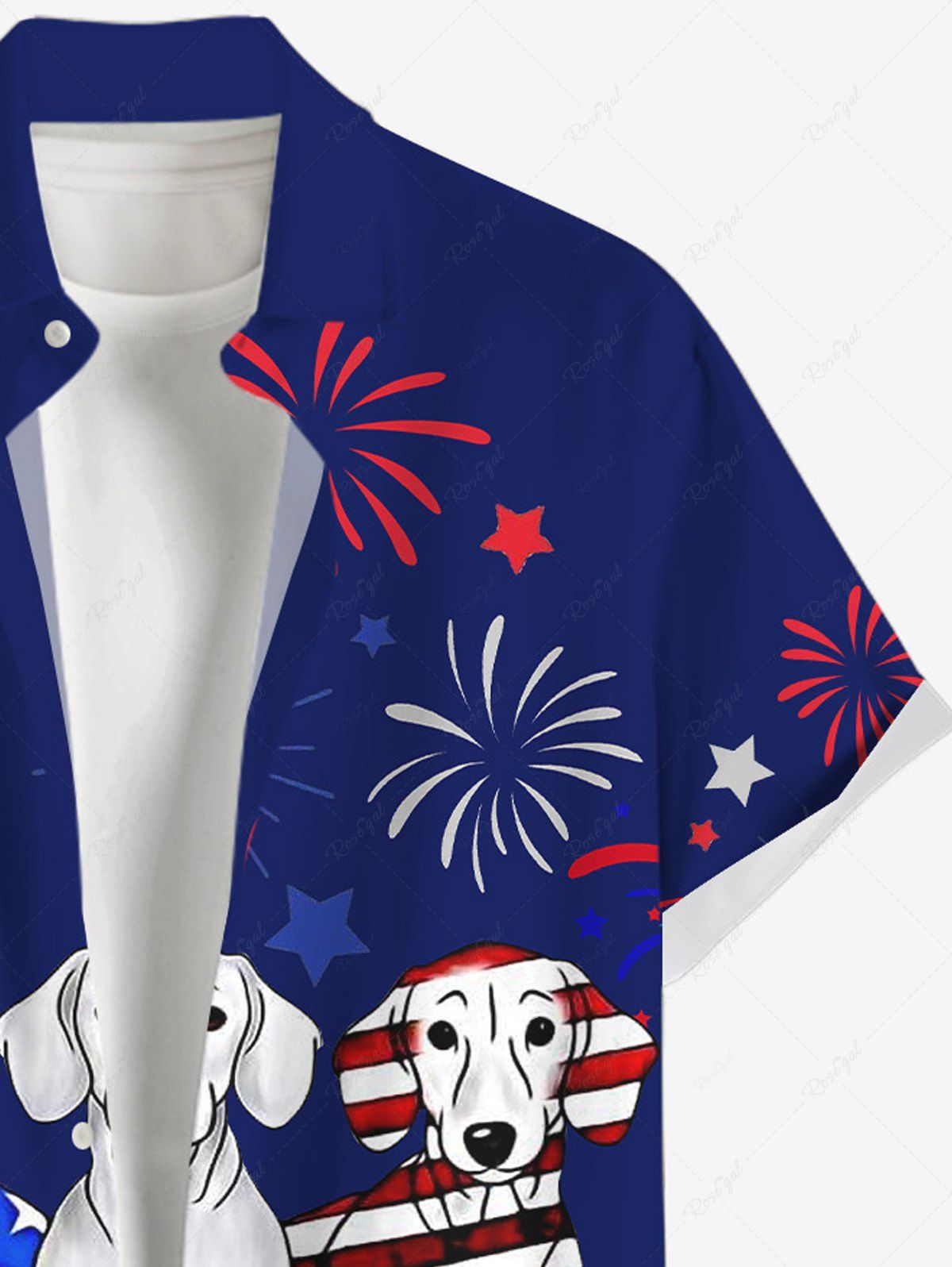 Plus Size Patriotic American Flag Dog Fireworks Printed Button Pocket Shirt For Men