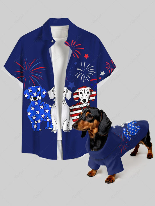 Patriotic American Flag Dog Fireworks Print Shirt Dog And Owner Matching Outfits