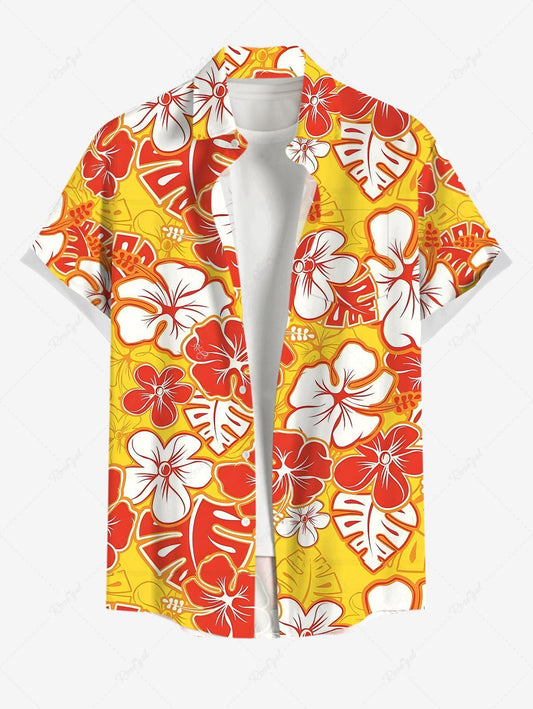 Plus Size Tripical Leaf Hibiscus Flowers Printed Buttons Pocket Hawaii Shirt For Men