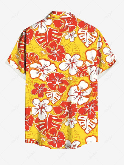Plus Size Tripical Leaf Hibiscus Flowers Printed Buttons Pocket Hawaii Shirt For Men