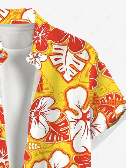 Plus Size Tripical Leaf Hibiscus Flowers Printed Buttons Pocket Hawaii Shirt For Men