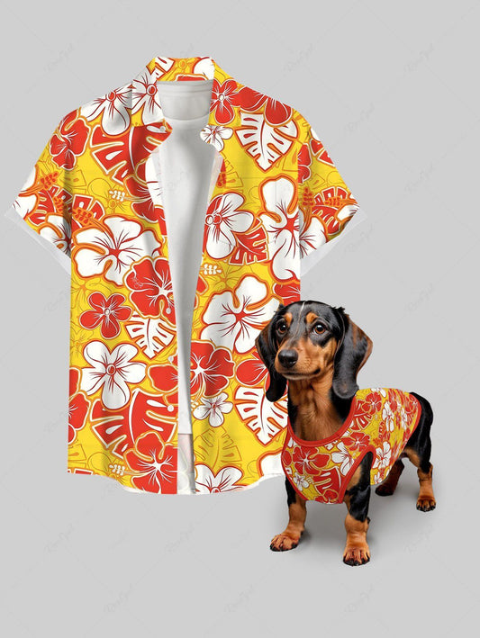 Tripical Leaf Hibiscus Flowers Print Hawaii Tank Top and Shirt Dog and Owner Matching Outfits