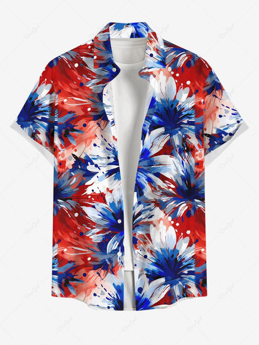 Plus Size Daisy Flower Patriotic American Flag Colors Oil Painting Printed Buttons Pocket Shirt For Men