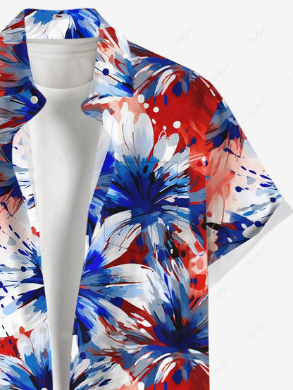 Plus Size Daisy Flower Patriotic American Flag Colors Oil Painting Printed Buttons Pocket Shirt For Men