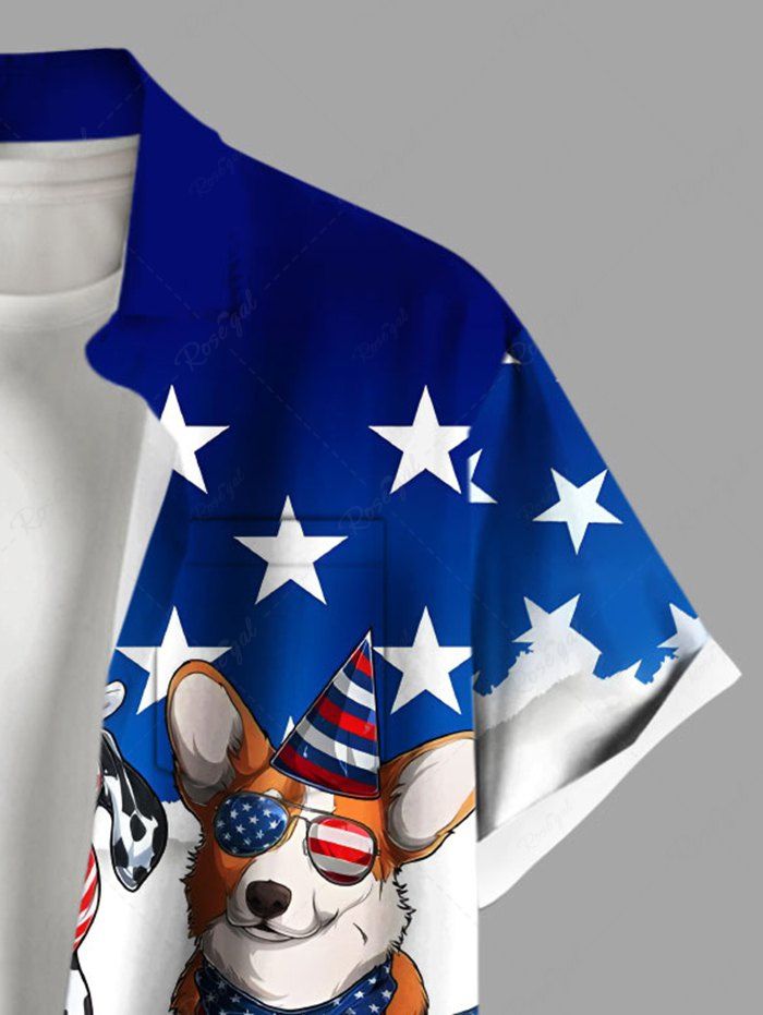 Plus Size Patriotic American Flag Dog Printed Button Pocket Shirt For Men