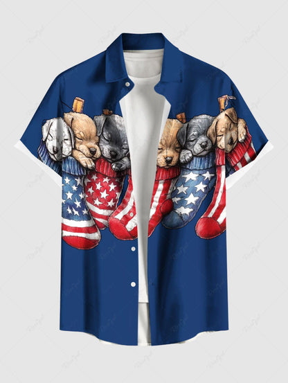 Plus Size Patriotic American Flag Sleeping Dog Printed Button Pocket Shirt For Men