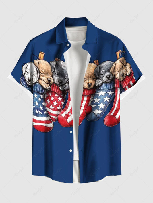 Plus Size Patriotic American Flag Sleeping Dog Printed Button Pocket Shirt For Men