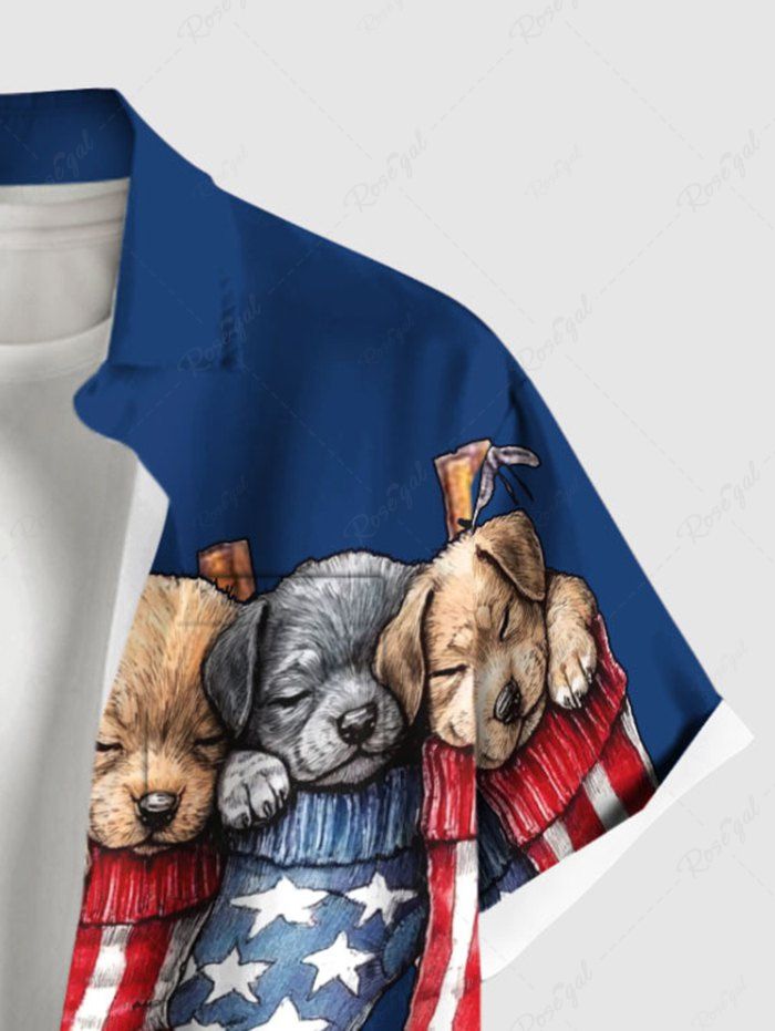 Plus Size Patriotic American Flag Sleeping Dog Printed Button Pocket Shirt For Men