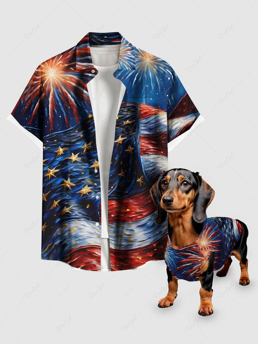 Patriotic American Flag Fireworks Oil Painting Print Tank Top and Shirts Dog and Owner Matching Outfits
