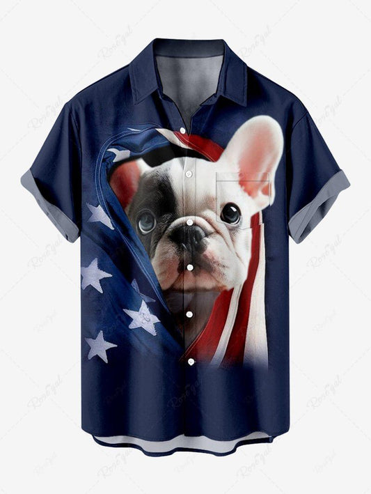 Plus Size Patriotic American Flag Dog Printed Button Pocket Shirt For Men