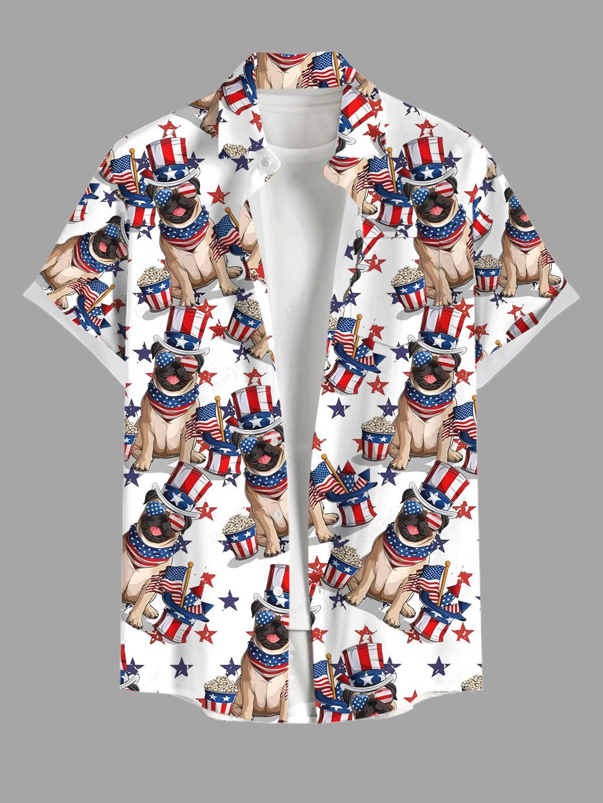Plus Size Patriotic American Flag Dogs Printed Buttons Pocket Shirt For Men