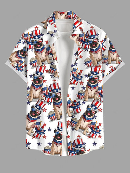 Plus Size Patriotic American Flag Dogs Printed Buttons Pocket Shirt For Men
