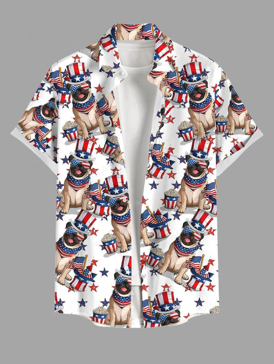 Plus Size Patriotic American Flag Dogs Printed Buttons Pocket Shirt For Men