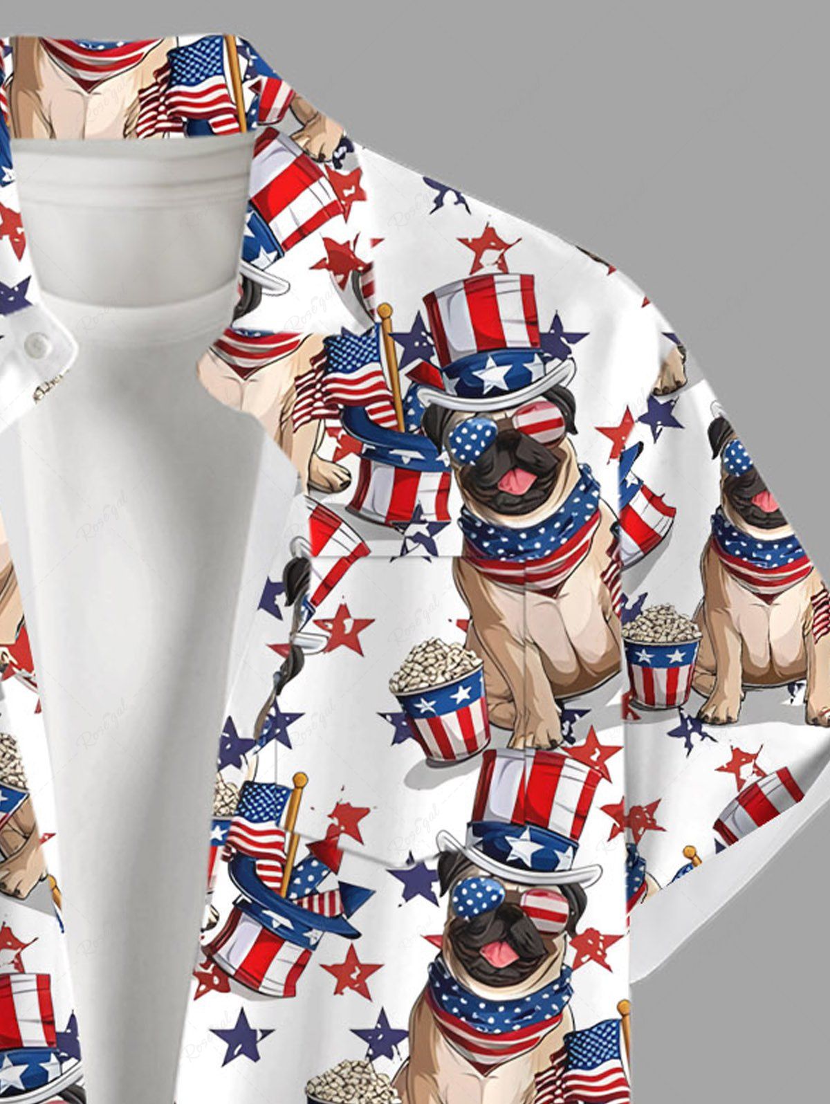 Plus Size Patriotic American Flag Dogs Printed Buttons Pocket Shirt For Men
