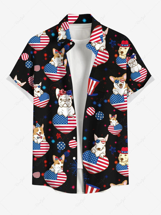 Plus Size Patriotic American Flag Heart Dog Printed Buttons Pocket Shirt For Men