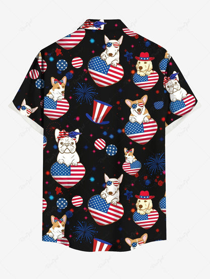 Plus Size Patriotic American Flag Heart Dog Printed Buttons Pocket Shirt For Men