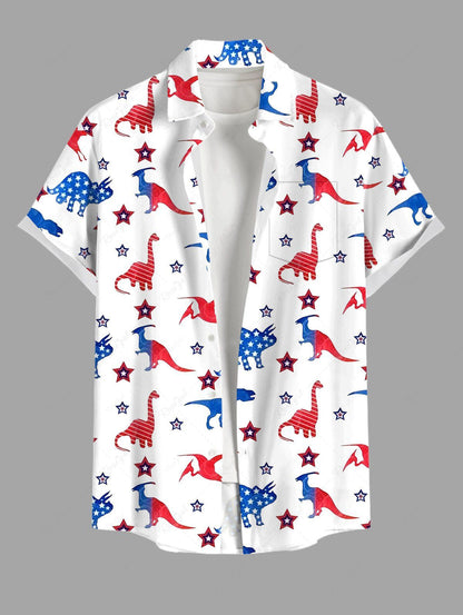 Plus Size Patriotic American Flag Dinosaur Star Printed Buttons Pocket Shirt For Men