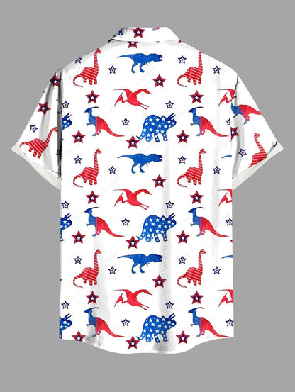 Plus Size Patriotic American Flag Dinosaur Star Printed Buttons Pocket Shirt For Men
