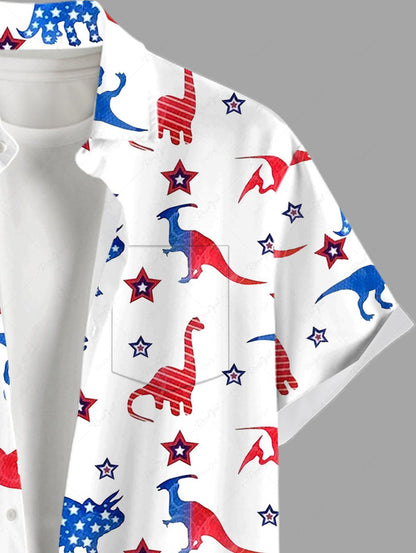 Plus Size Patriotic American Flag Dinosaur Star Printed Buttons Pocket Shirt For Men