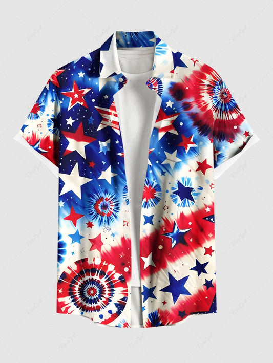 Plus Size Tie Dye Spiral Galaxy Patriotic American Flag Printed Button Pocket Shirt For Men