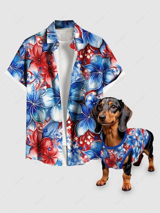 Patriotic American Flag Floral Printed Hawaii Shirt Tank Top Dog And Owner Matching Outfits