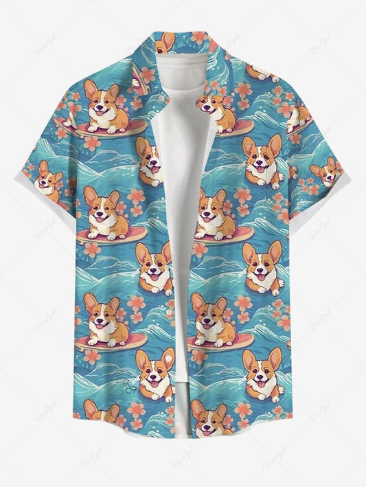 Plus Size Dogs Sea Waves Flowers Printed Buttons Pocket Hawaii Shirt For Men