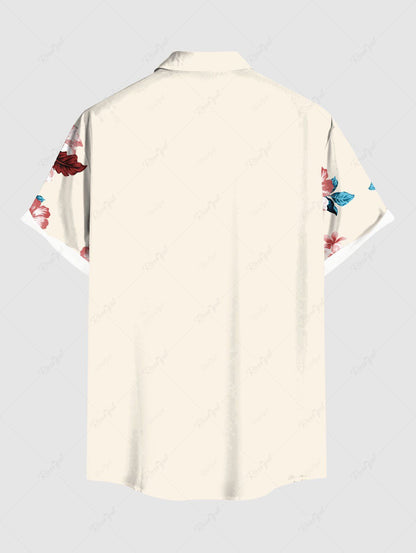Plus Size Hibiscus Floral Tropical Leaves Dog Printed Hawaii Button Pocket Shirt For Men