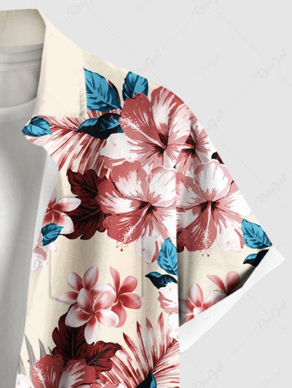 Plus Size Hibiscus Floral Tropical Leaves Dog Printed Hawaii Button Pocket Shirt For Men