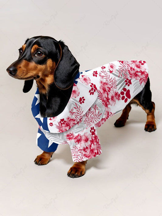 Pet's Patriotic American Flag Dog Hibiscus Floral Tropical Leaves Paw Printed Hawaii Button Shirt