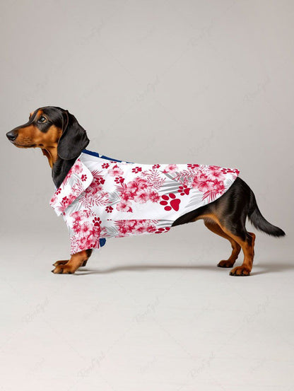 Pet's Patriotic American Flag Dog Hibiscus Floral Tropical Leaves Paw Printed Hawaii Button Shirt