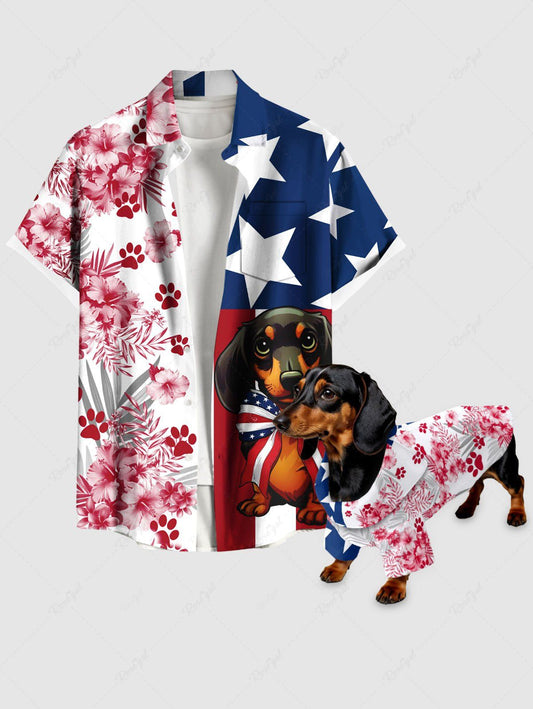 Patriotic American Flag Dog Hibiscus Floral Tropical Leaves Paw Print Shirt Dog And Owner Matching Outfits
