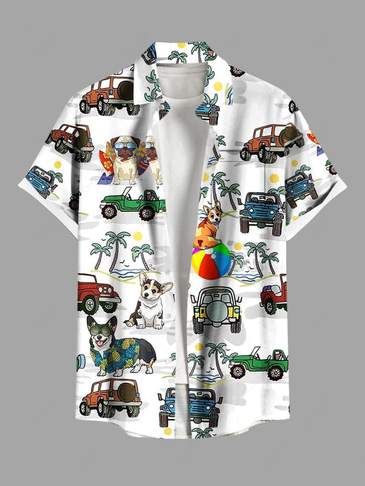Plus Size Coconut Tree Cars Dogs Sea Waves Printed Buttons Pocket Hawaii Shirt For Men