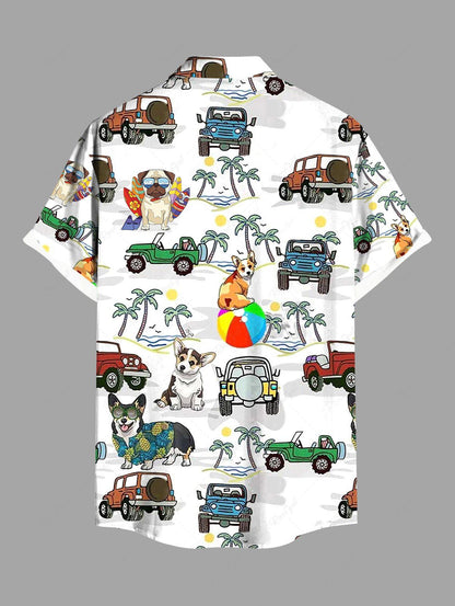 Plus Size Coconut Tree Cars Dogs Sea Waves Printed Buttons Pocket Hawaii Shirt For Men