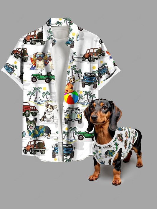 Coconut Tree Cars Dogs Sea Waves Print Hawaii Tank Top and Shirt Dog and Owner Matching Outfits