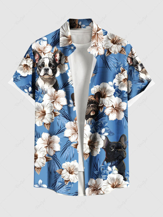 Plus Size Tropical Leaves Hibiscus Floral Dog Printed Hawaii Button Pocket Shirt For Men