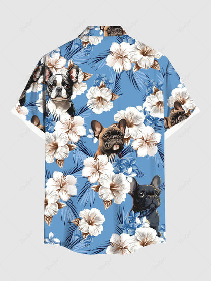 Plus Size Tropical Leaves Hibiscus Floral Dog Printed Hawaii Button Pocket Shirt For Men
