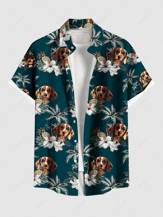 Plus Size Dogs Flowers Coconut Tree Printed Buttons Pocket Hawaii Shirt For Men