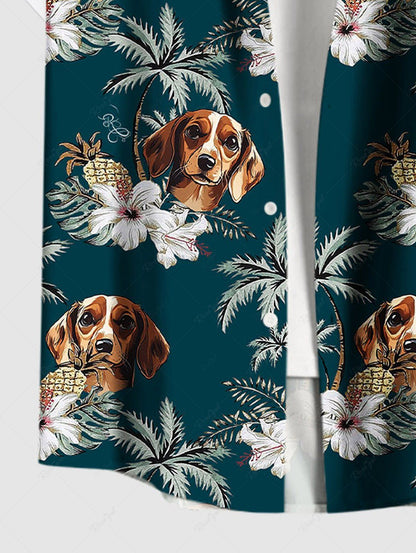 Plus Size Dogs Flowers Coconut Tree Printed Buttons Pocket Hawaii Shirt For Men