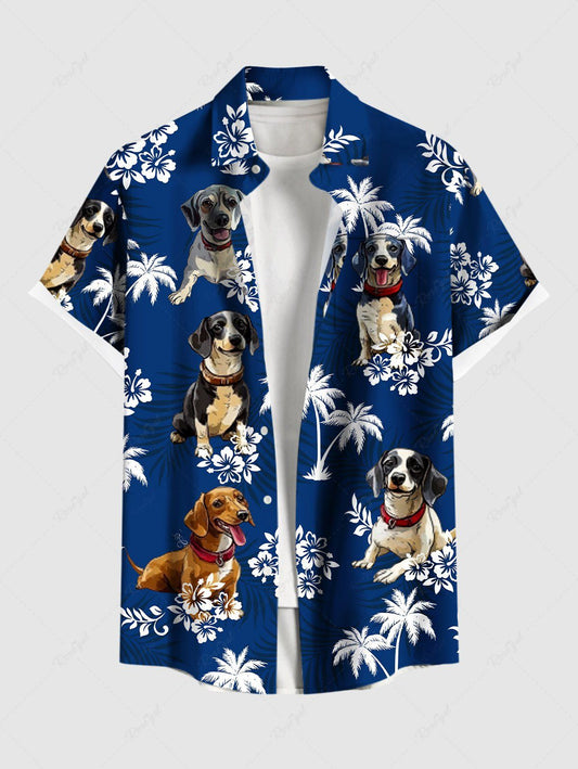 Plus Size Dogs Coconut Tree Flowers Printed Buttons Pocket Hawaii Shirt For Men