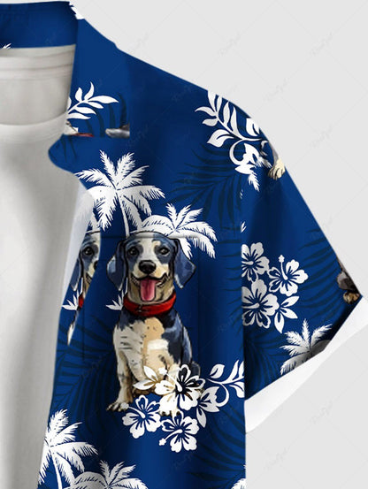 Plus Size Dogs Coconut Tree Flowers Printed Buttons Pocket Hawaii Shirt For Men