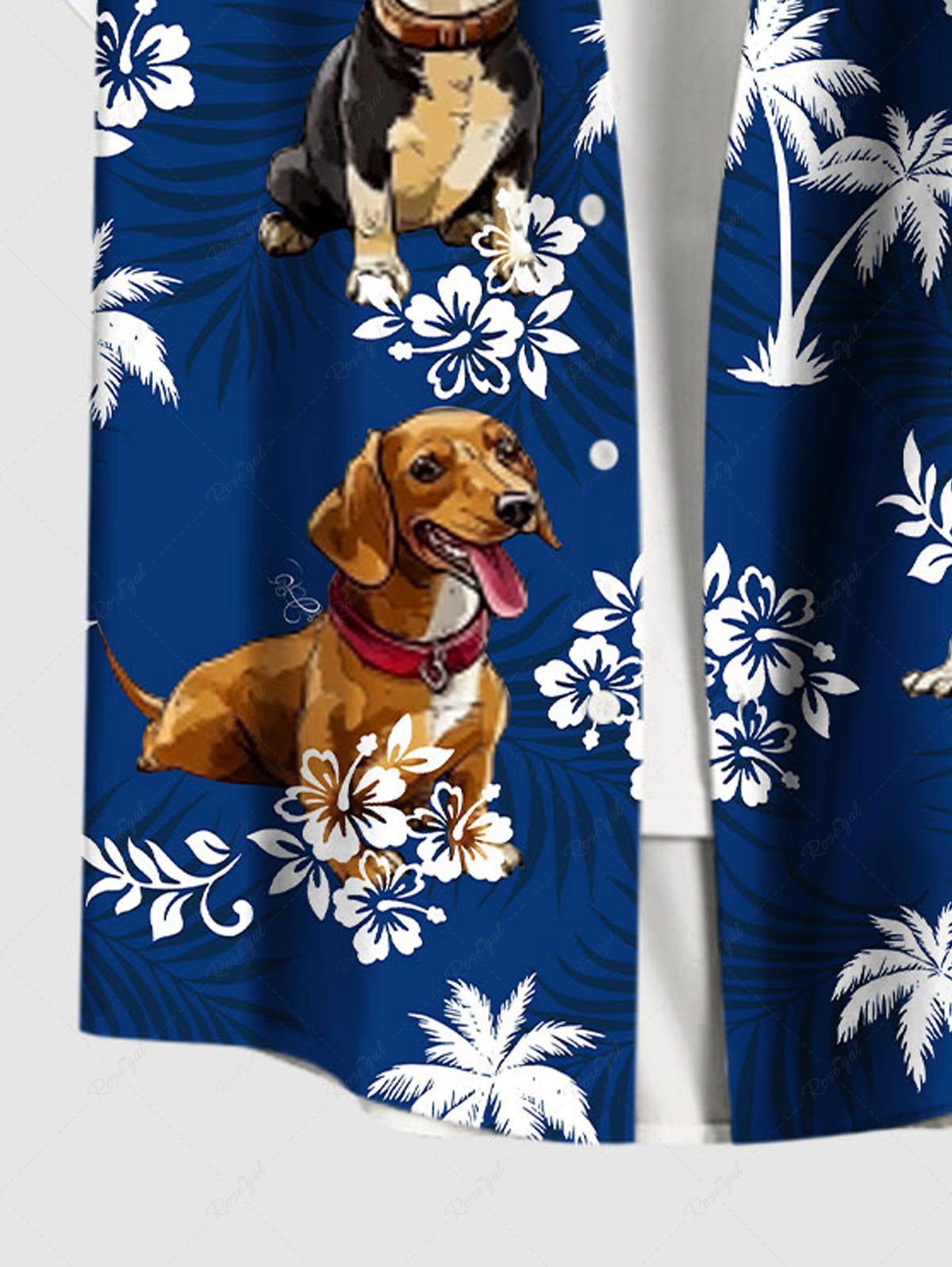 Plus Size Dogs Coconut Tree Flowers Printed Buttons Pocket Hawaii Shirt For Men