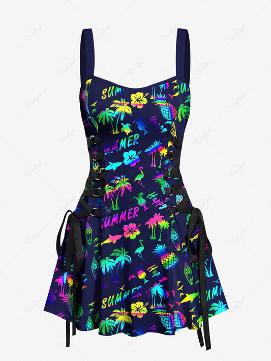 Coconut Tree Summer Flowers Pineapple Print Lace Up Hawaii Tank Dress